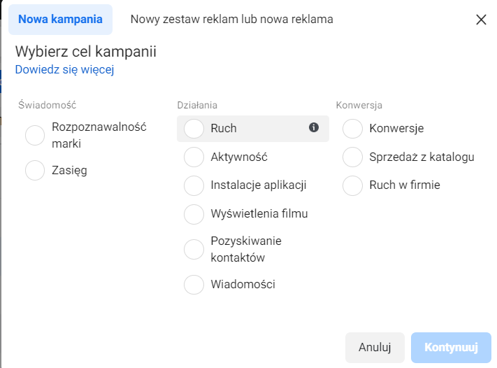 wybór celów menedżer reklam fb